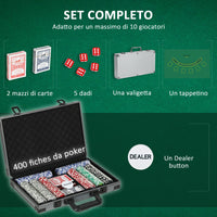 Set 400 Fiches da Poker 2 Mazzi di Carte 5 Dadi Tappetino e Valigetta Grigia