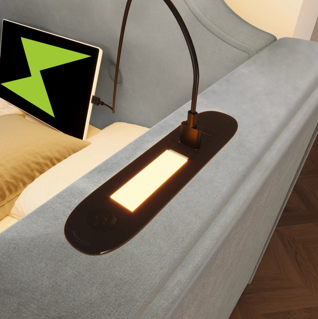 Letto 90x200 cm con 2 cassetti, USB e USB-C, luce da lettura in velluto grigio