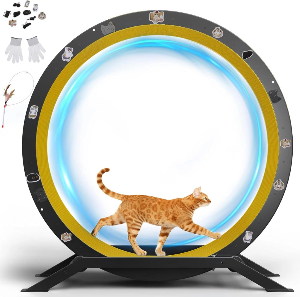 Ruota per gatti, ruota per esercizi per gatti, XL- 100 cm, ultra silenziosa con tappetino rimovibile, adesivi, sistema di bloccaggio, metallo, giallo, regali per il vostro gatto