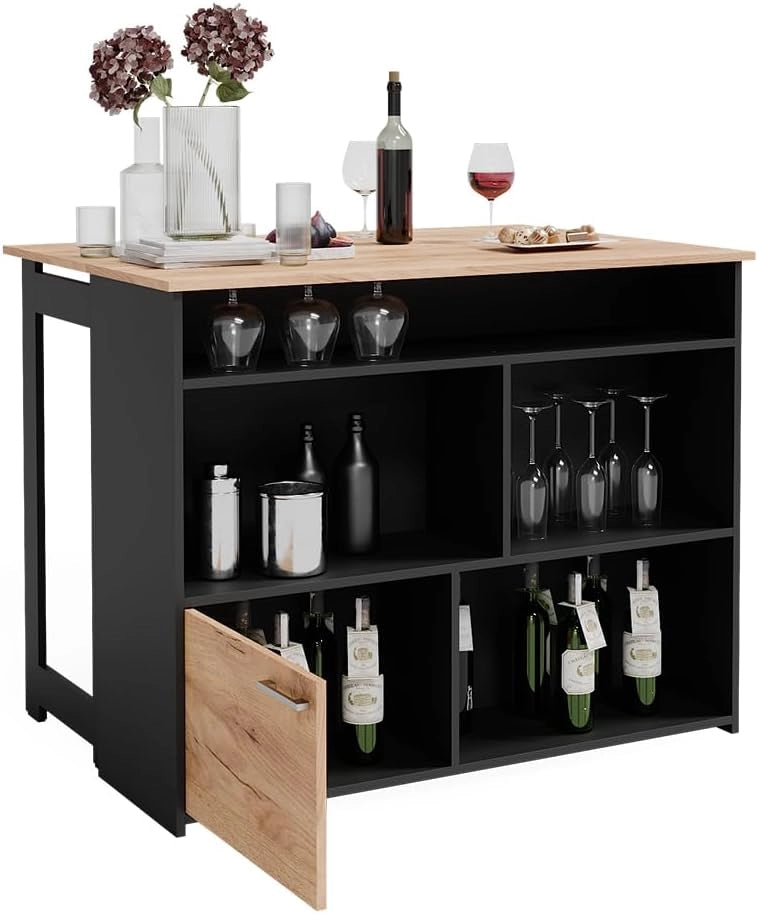 Tavolo bar alto Dominic, Quercia dorata, 116 x 37 cm 4x scomparti aperti e 1x porta, piano del tavolo pieghevole per un utilizzo flessibile in spazi ridotti