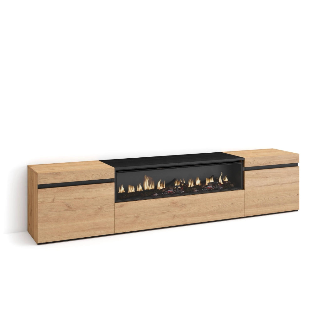 Mobile TV, 200x35x45cm, soggiorno, Per TV fino a 80", Camino elettrico, colore Rovere e nero RF2151