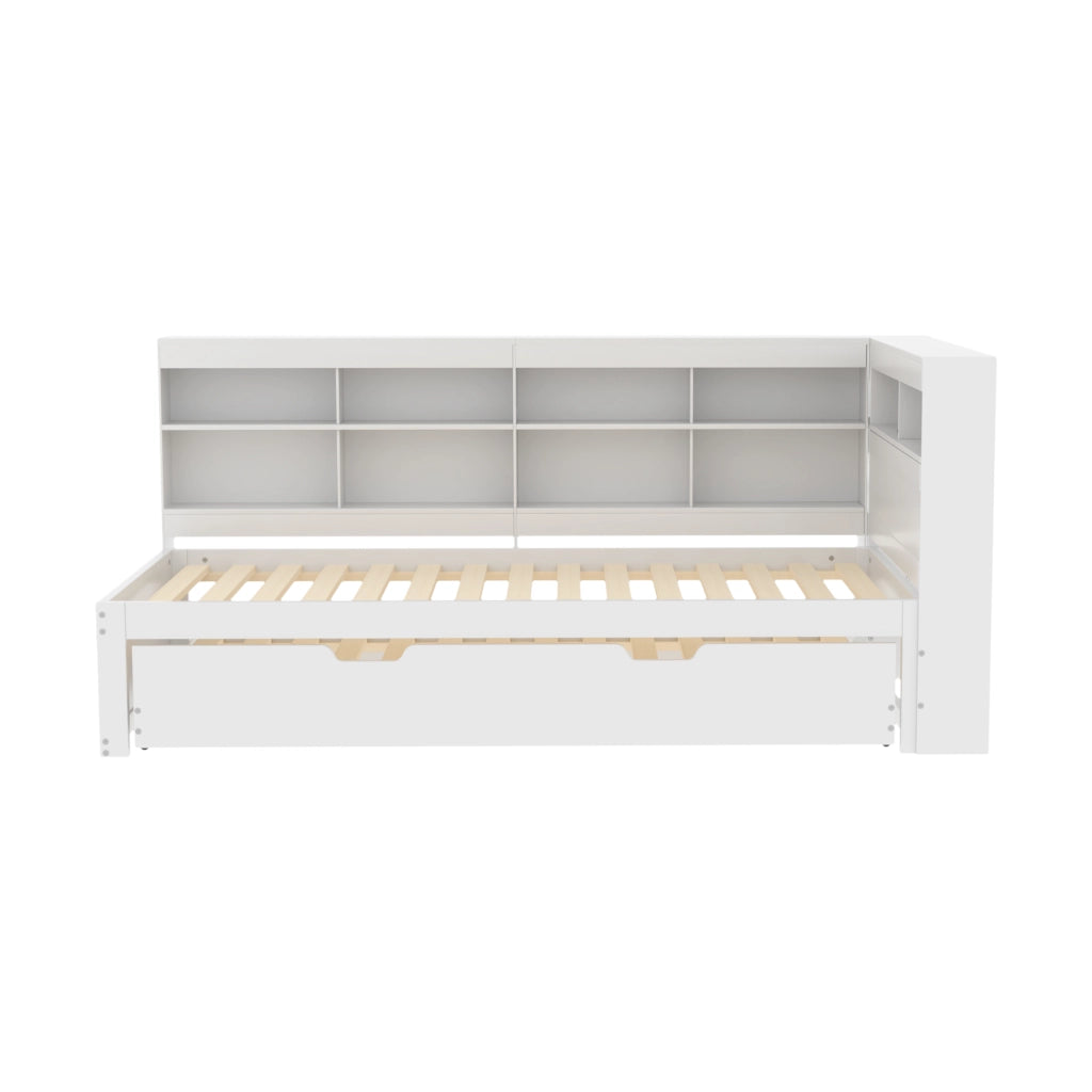 DESMIU Letto singolo 90 × 200 cm con letto estraibile 90 × 190 cm, USB e vani, senza materasso, bianco
