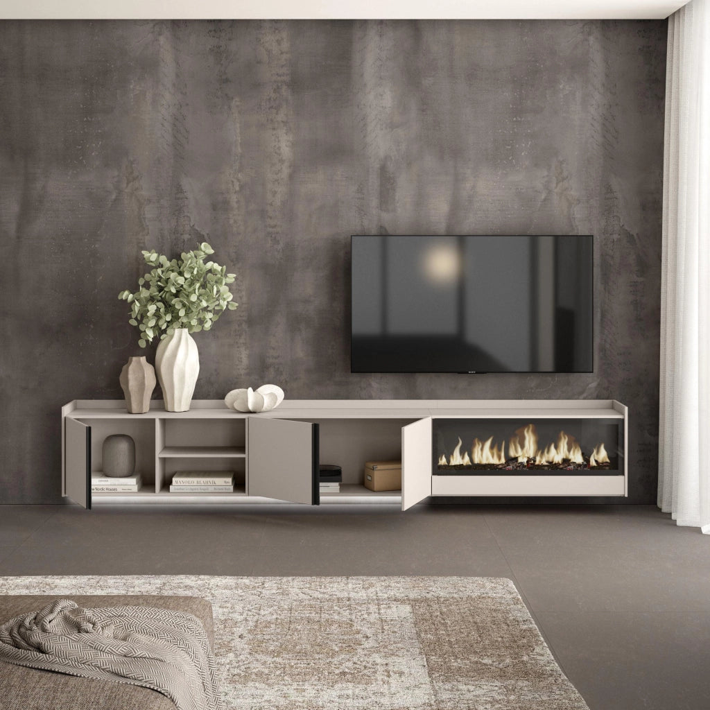 Mobile TV Soggiorno, 315x50x35 cm, Per TV fino a 80", Camino elettrico XXL, Sospeso, da appendere, LED, Beige