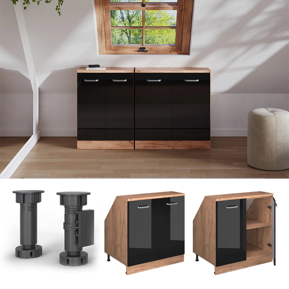Mobile sottotetto Rion Nero lucido/Rovere dorato 80 x 83.8 cm con 2 porte, carcassa 60 cm profondità Vicco