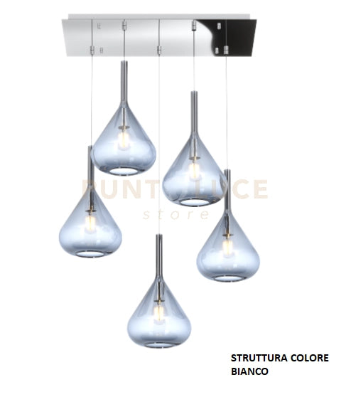 SOSPENSIONE BIANCO 5 LUCI RETTANGOLARE VETRI BLU 1177BI-S5 R-BL