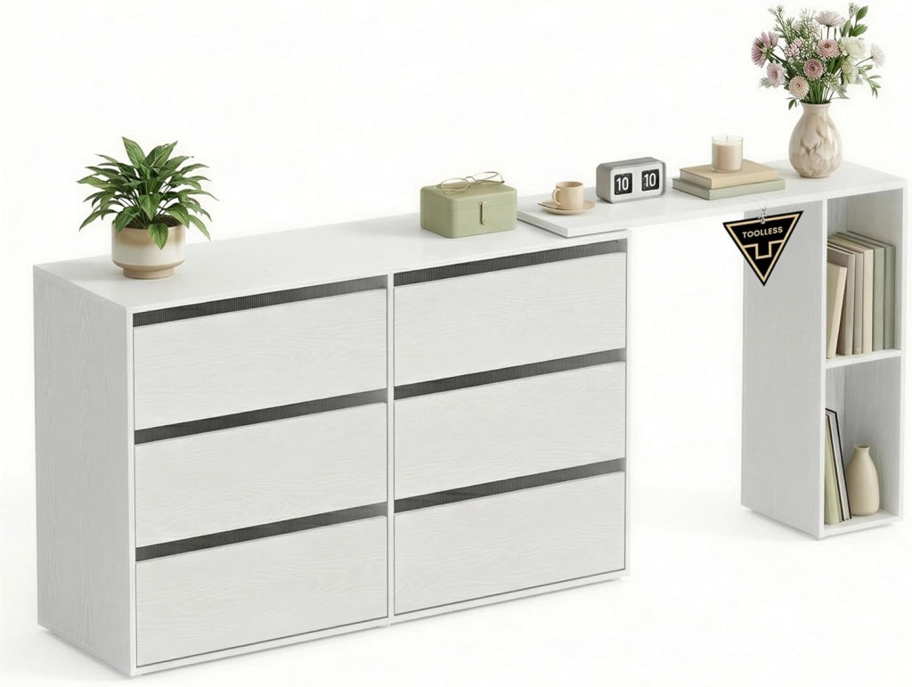SONGMICS HOME Tavolo da Trucco, Montaggio Rapido Senza Attrezzi Toolless, Cassettiera, Armadio con Scaffale, Affiancati o a Forma di L, per Camera da Letto, Studio, Bianco Neve LTS656W01