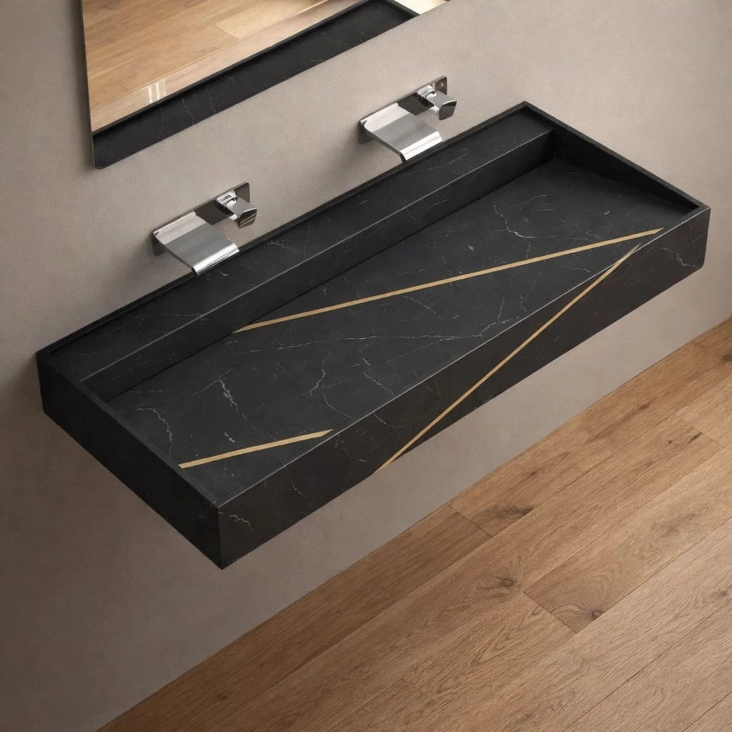Lavabo consolle sospeso modello freya in artificial stone nero e nocciola venato *** finitura- nero, confezione 1
