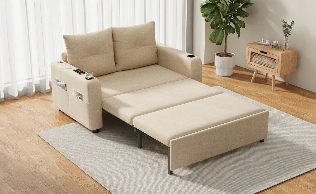 Divano Letto 3-in-1 Beige con Porta Bicchieri, Tasche Laterali, Cuscini e Porta USB, 2 Posti