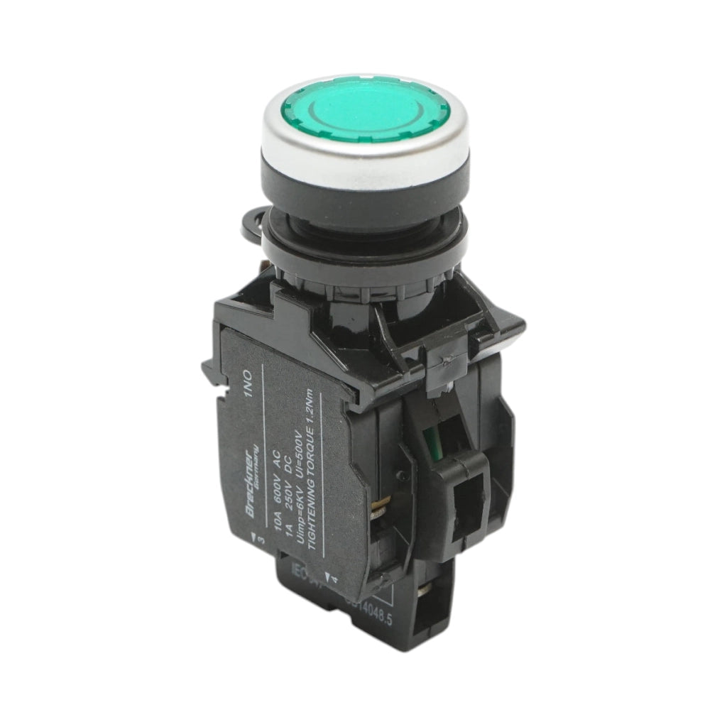 Pulsante di comando illuminato 220V AC LED verde con ritorno 1NO+1NC, 10A/600V AC, 1A/250V DC LA42 Breckner Germany
