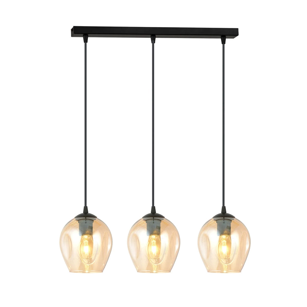 Lampadario 3 Luci Fuxi In Acciaio Nero E Vetri Ambra