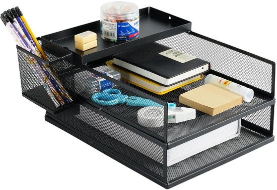 Biblioteca per lettere con 3 livelli, organizzatore di carta da ufficio, contenitori per archiviazione, supporto per carta da lettere, con astuccio per penne