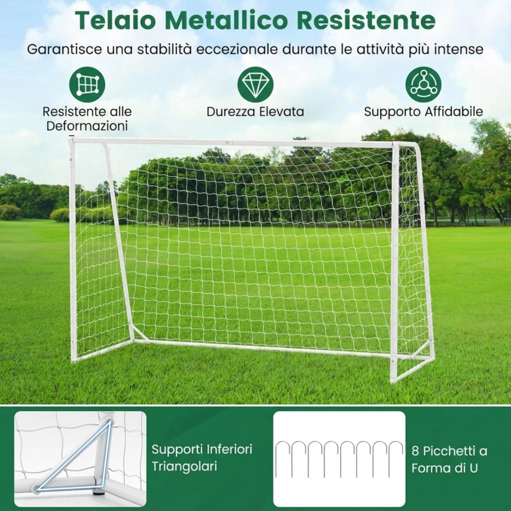 Porta da Calcio 300 x 204 cm con Telaio in Metallo, Rete in PE, 8 Picchetti e 16 Fascette, Facile Montaggio, Attrezzatura per Allenamento Calcio per Bambini, Giovani e Adulti
