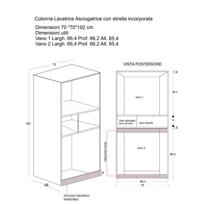 Mobile Lavanderia a Colonna per Lavatrice o Asciugatrice con Asse da Stiro e Ante Superiori 70x70x192A cm in Nobilitato