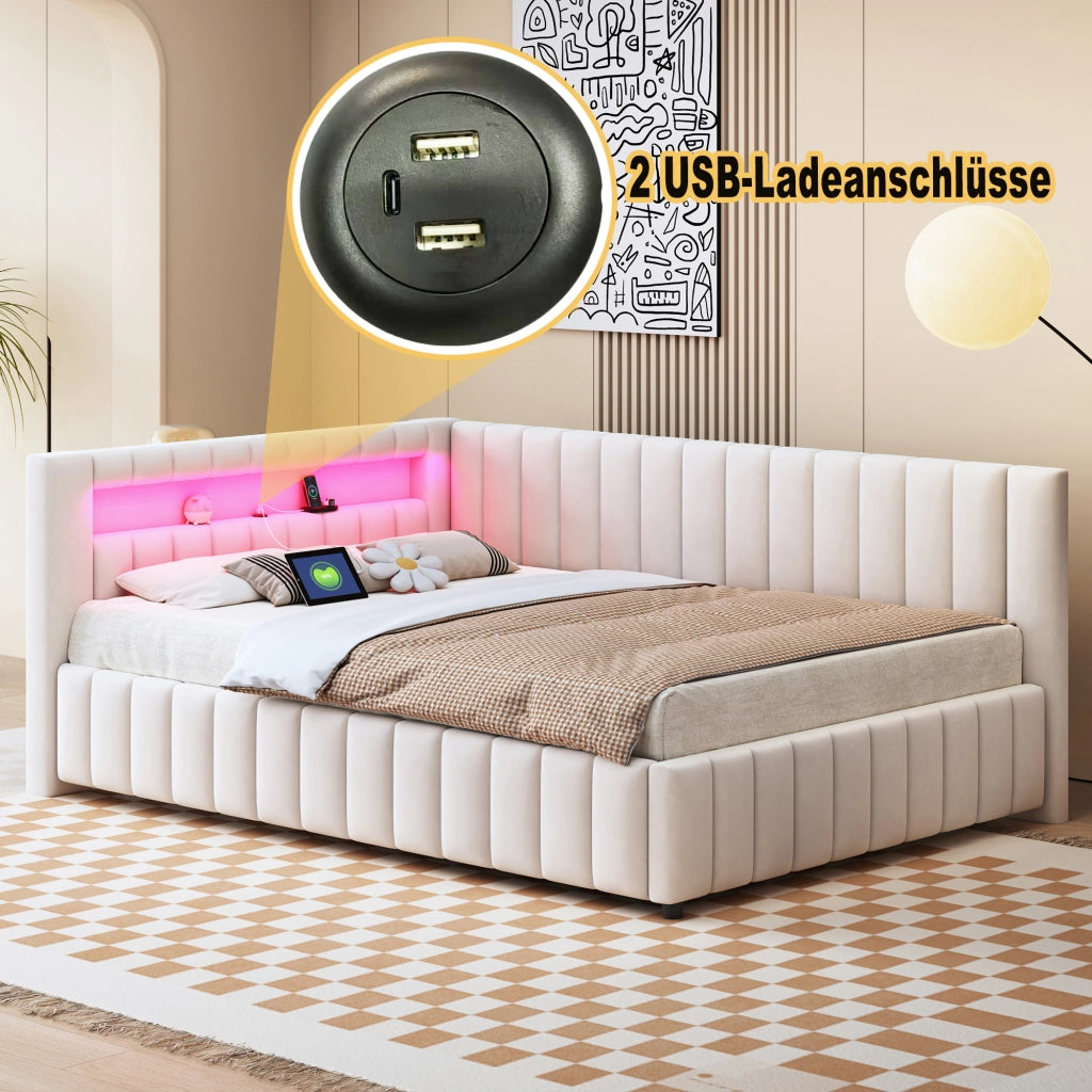 Letto a Divanetto 140 x 200 cm; con LED e USB; con Schienale e Testiera; in Velluto; Beige