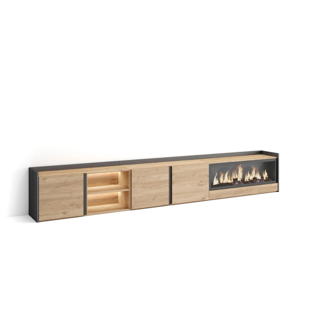 Mobile TV Soggiorno, 315x50x35 cm, Per TV fino a 80", Camino elettrico XXL, LED, Rovere e nero