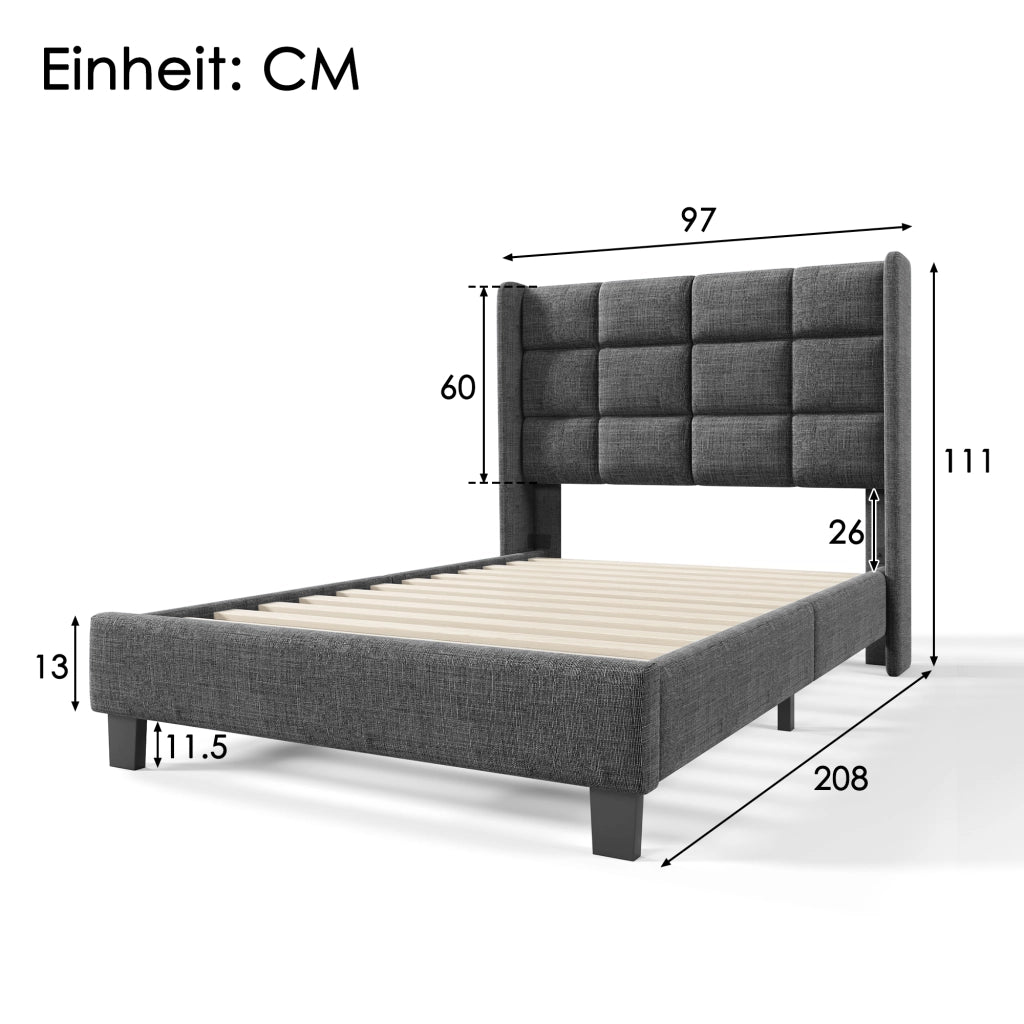 LETTO Imbottito 90x200 cm Lino Grigio con rete a doghe