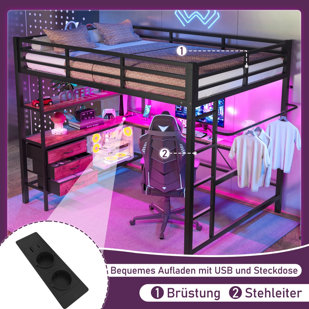 OKWISH Letto a soppalco 140×200 cm, Letto Matrimoniale con LED, Scrivania, Presa, USB, 3 Cassetti, Mensole e Scala, senza Materasso, Nero