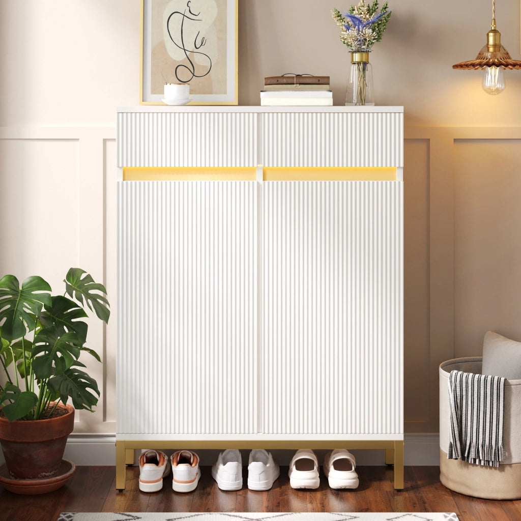 Scarpiera bianca con LED; 2 cassetti e 2 ante; ripiani regolabili; 80x35x103 cm