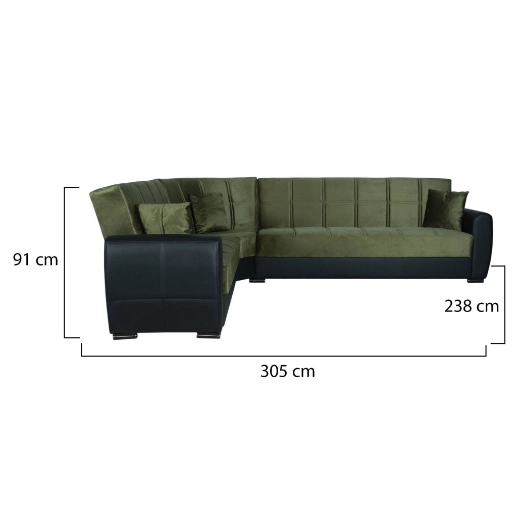 Divano letto Gaillardia, Divano letto contenitore ad angolo in ecopelle e tessuto, SofÒ  da soggiorno con apertura click-clack e penisola reversibile, 305x238h91 cm, Nero e Grigio Scuro