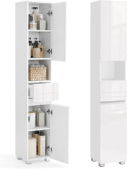 Mobile da Bagno, Mobiletto Portaoggetti, Alto, con Cassetto, Ripiani Regolabili, Scomparti, 30 x 30 x 170 cm, Bianco Nuvola BBC560P31