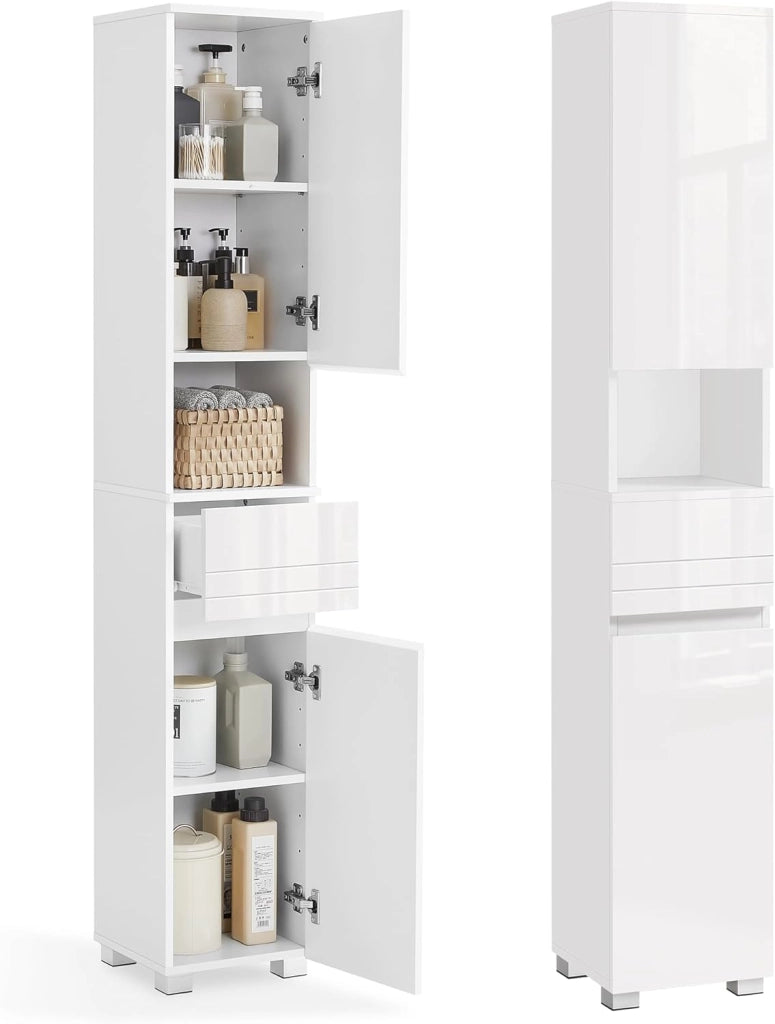 Mobile da Bagno, Mobiletto Portaoggetti, Alto, con Cassetto, Ripiani Regolabili, Scomparti, 30 x 30 x 170 cm, Bianco Nuvola BBC560P31