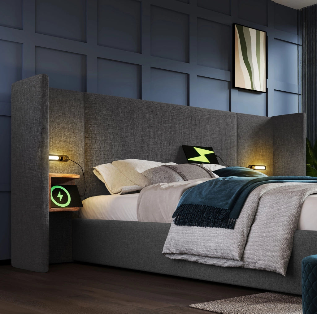 Letto matrimoniale contenitore 160x200 cm in lino grigio con testiera multifunzione; luce LED e USB