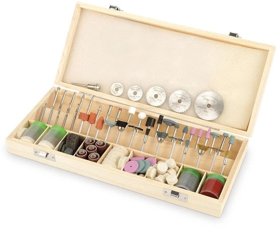 Set di attrezzi 242 pezzi - Scatola di legno per conservazione - Accessori vari - Adatto per attrezzi rotanti - Scegliere/Gravare - Peso 667 g