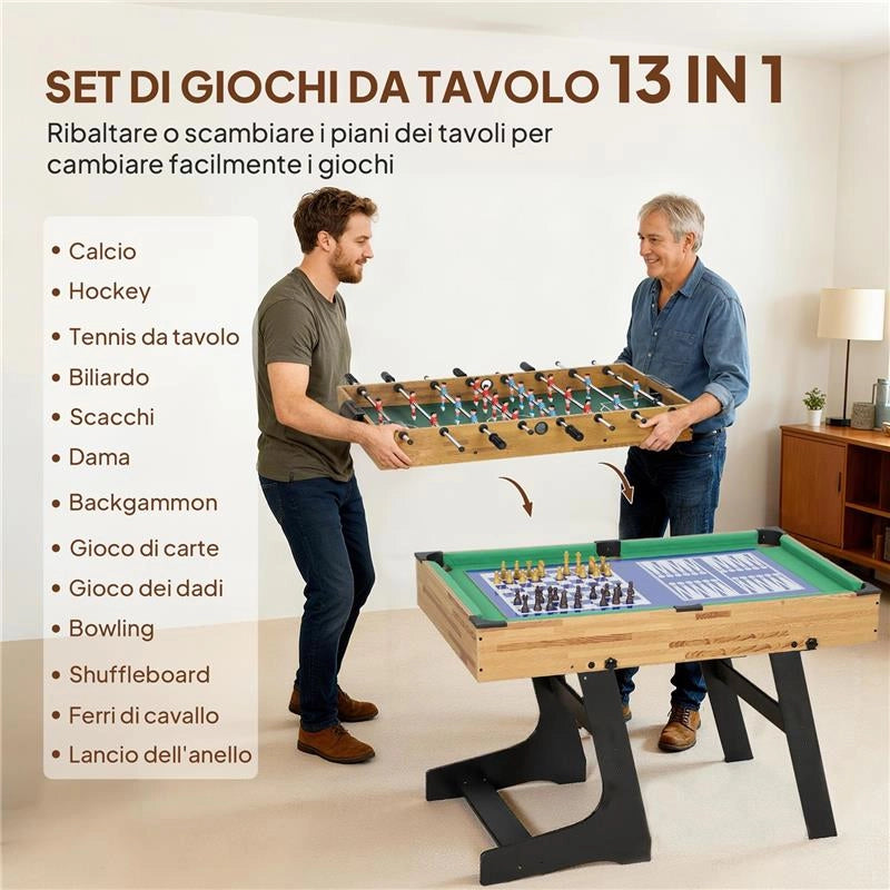TAVOLO DA GIOCO 13 IN 1 PIEGHEVOLE CON CALCIOBALILLA, PING PONG, HOCKEY, BILIARDO, SCACCHI E ALTRI, NOCE