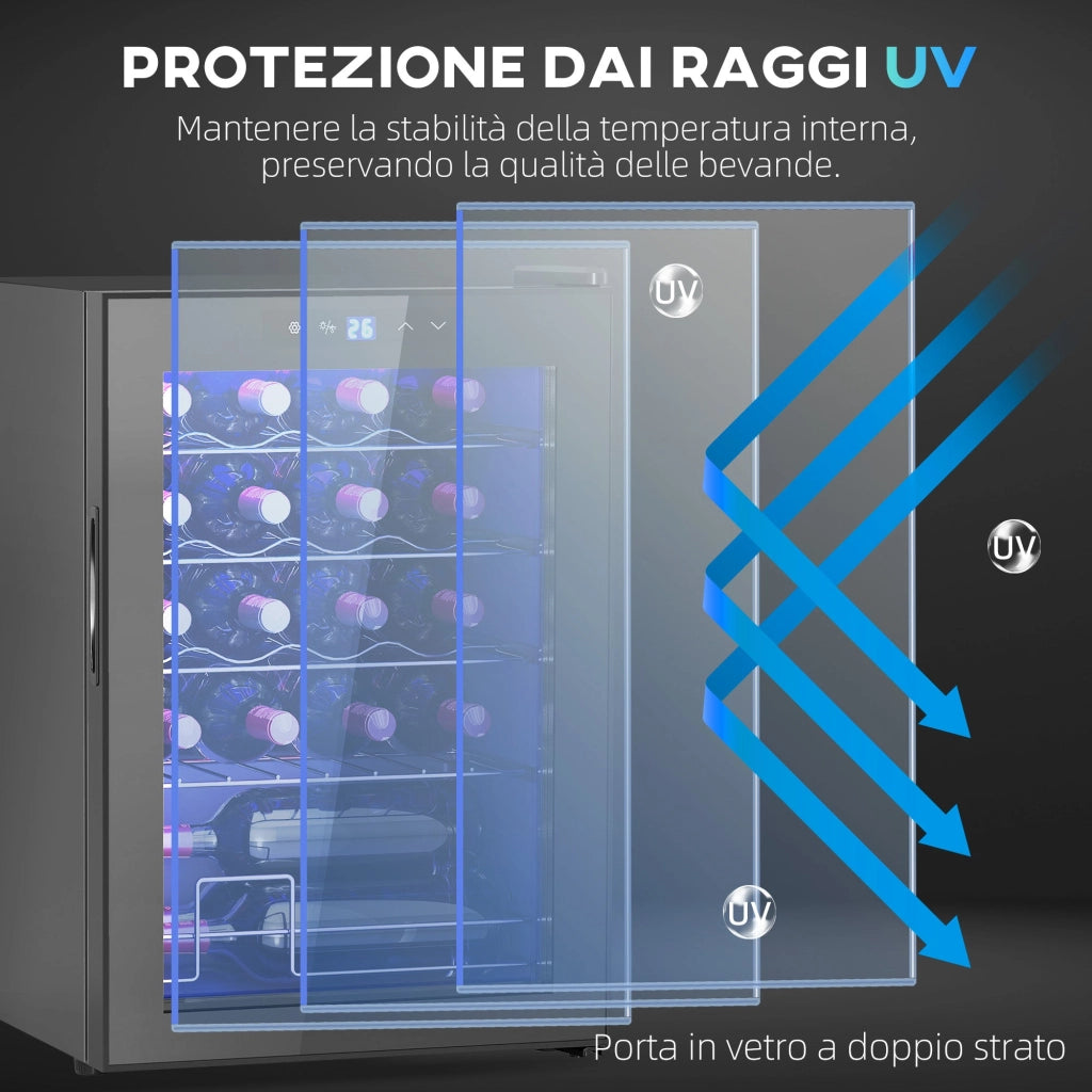Cantinetta Vino Refrigerata per 20 Bottiglie Capacità 53L Porta in Vetro Anti-UV Nero