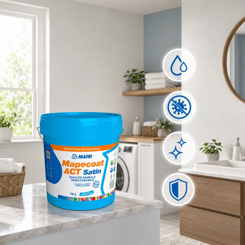 Mapei mapecoat act satin smalto murale lavabile antimuffa e antibatterico *** formato 14 lt, confezione 1