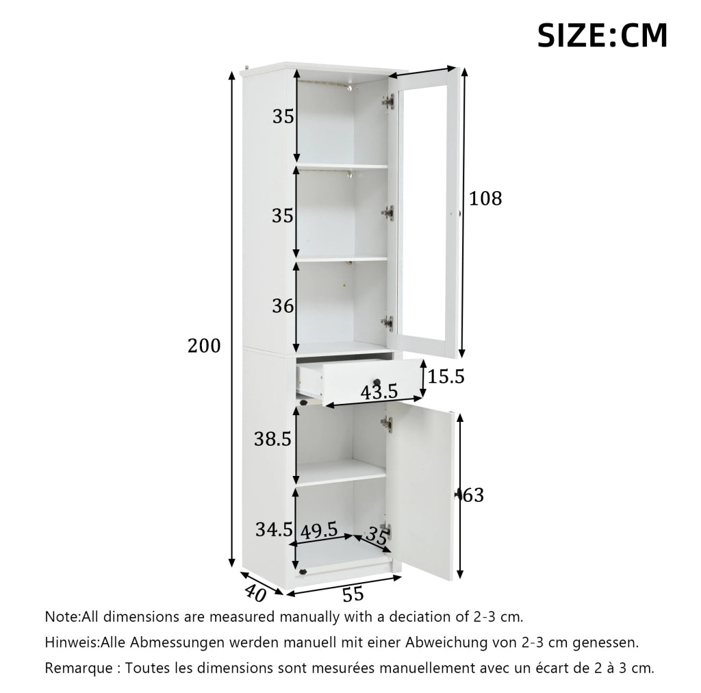 Vetrina alta LED bianca 55x40x200 cm con cassetto