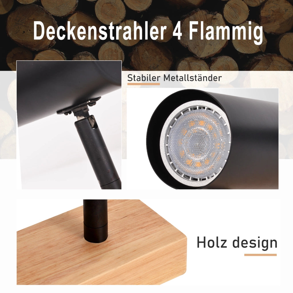 ZMH Faretto da soffitto Plafoniera in legno nero 4 fiamme GU10 orientabile 350° vintage