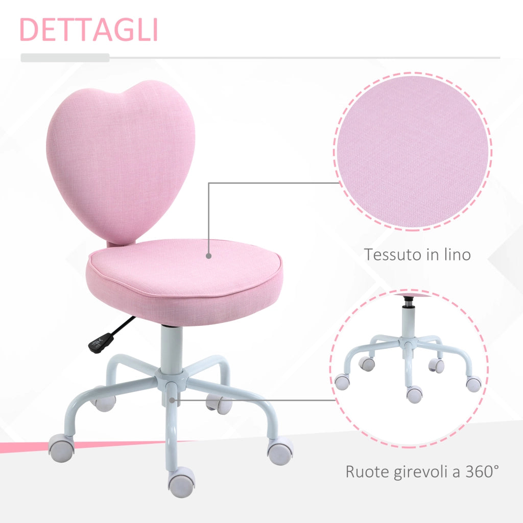 EasyComfort Sedia per Scrivania a Forma di Cuore con 5 Rotelle e Altezza Regolabile in Tessuto Rosa, 42x50x79-89cm