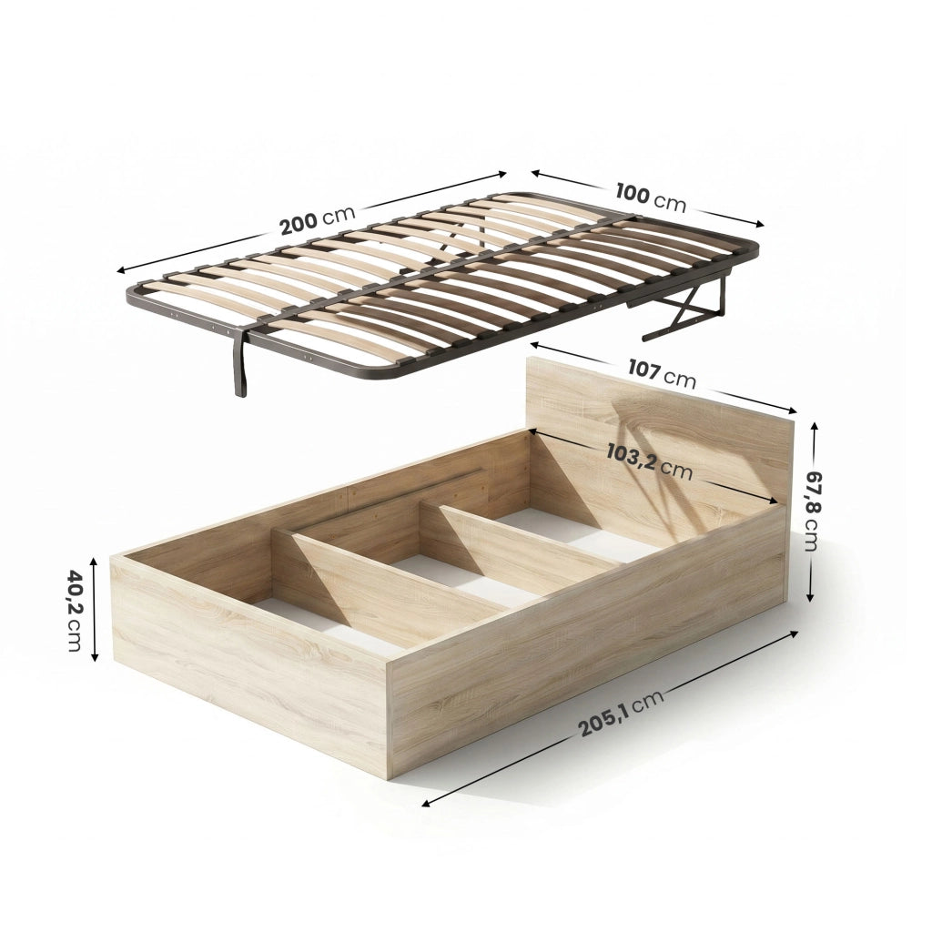 Letto con contenitore 100x200 cm rete sollevabile in metallo Rovere Sonoma