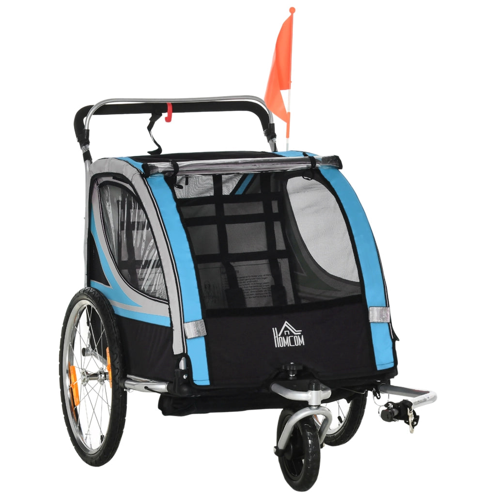 Rimorchio Bici per Bambini e Passeggino 2 in 1 con Cintura. Tasche e Bandierina. Blu