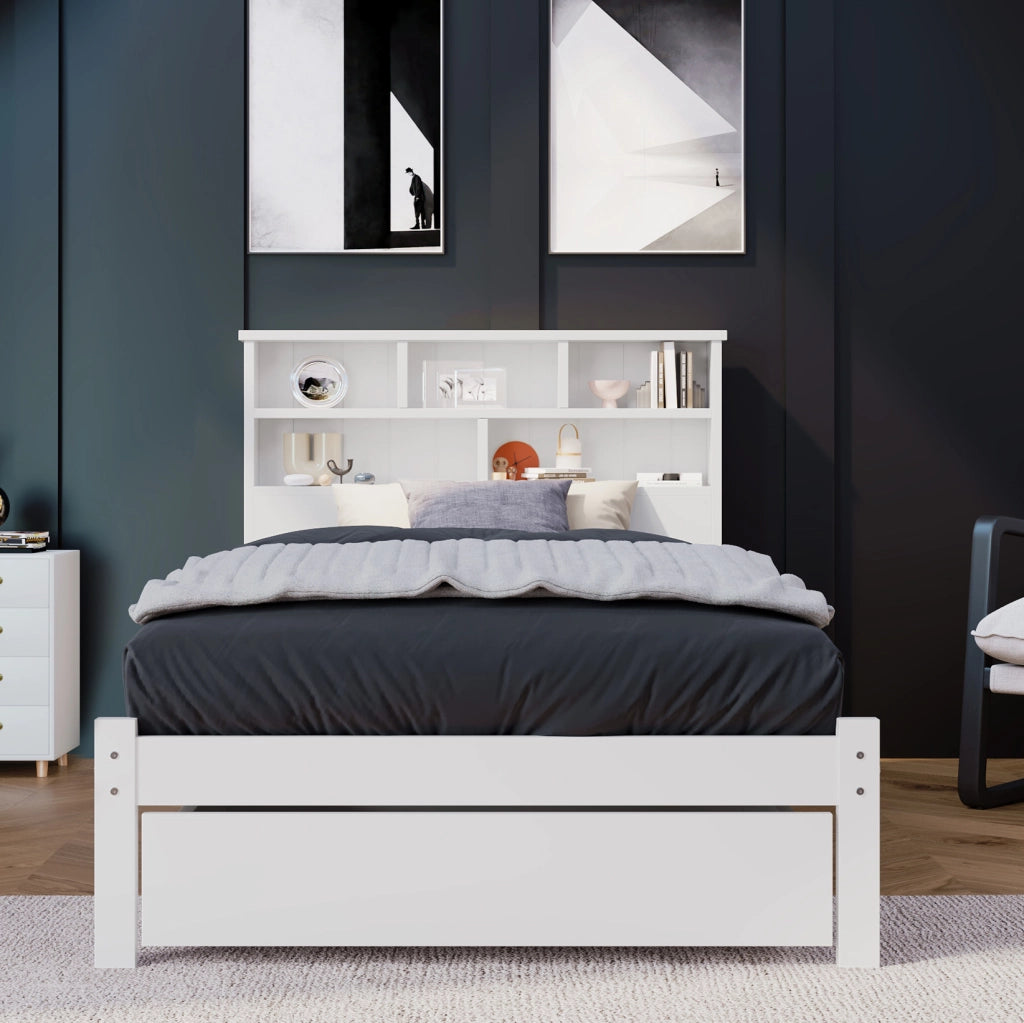Letto singolo 90x200 cm con cassetti e testiera libreria; legno massello e MDF; bianco