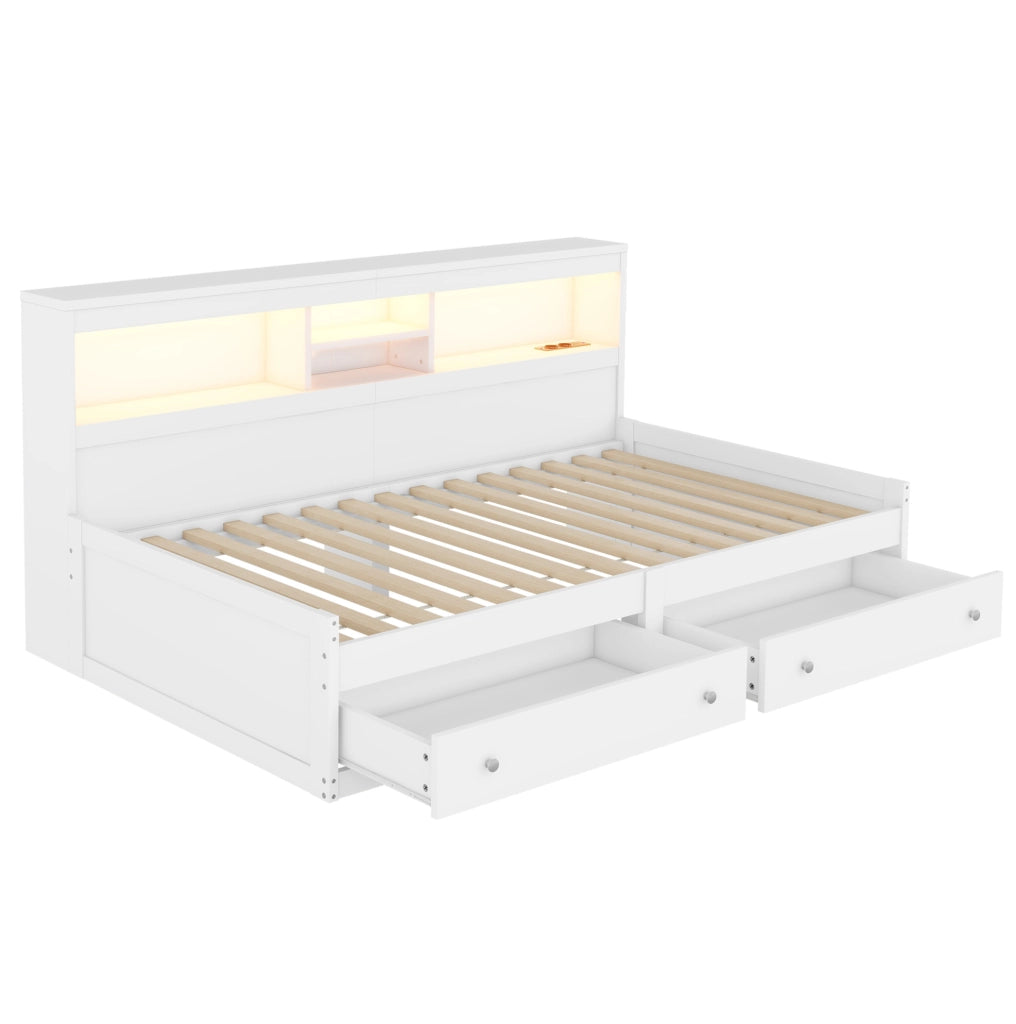 Divano letto 90x200 cm con LED e USB; prese e 2 cassetti truciolare bianco (Senza materasso)