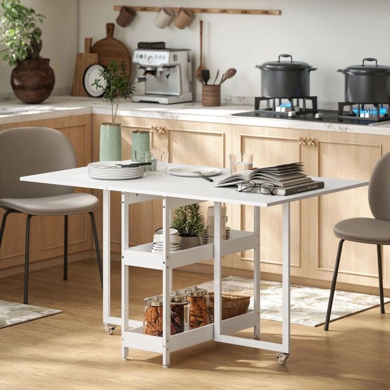 Tavolo da pranzo pieghevole con 2 vani aperti e 2 ruote con freni, per cucina, sala da pranzo e piccoli spazi, bianco