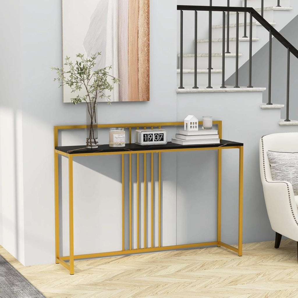Tavolo Consolle 120 cm, Tavolo d’Ingresso con Piano Effetto Marmorino e Sponda, Consolle con Struttura in Metallo Dorato per Salotto, Corridoio e Ingresso (Nero)