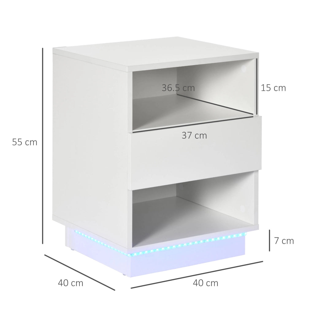 Easycomfort Comodini Moderni con LED, Set 2 Pezzi in Truciolato Bianco con Cassetto e 2 Ripiani Aperti, 40x40x55 cm