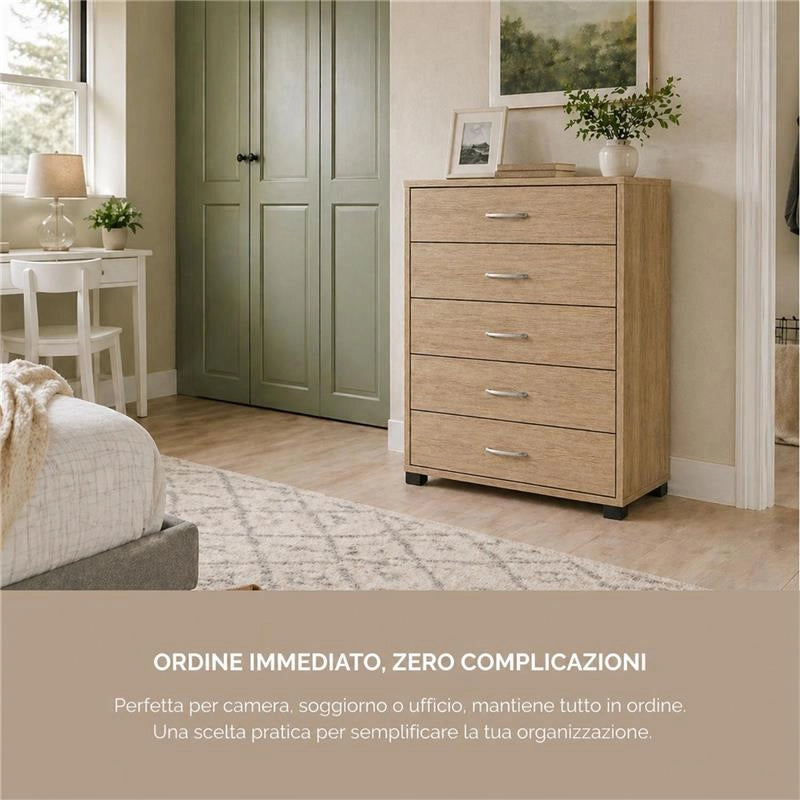 CASSETTIERA 5 CASSETTI IN LEGNO CON PIANO D'APPOGGIO COLORE ROVERE DIMENSIONI 68X40X101CM
