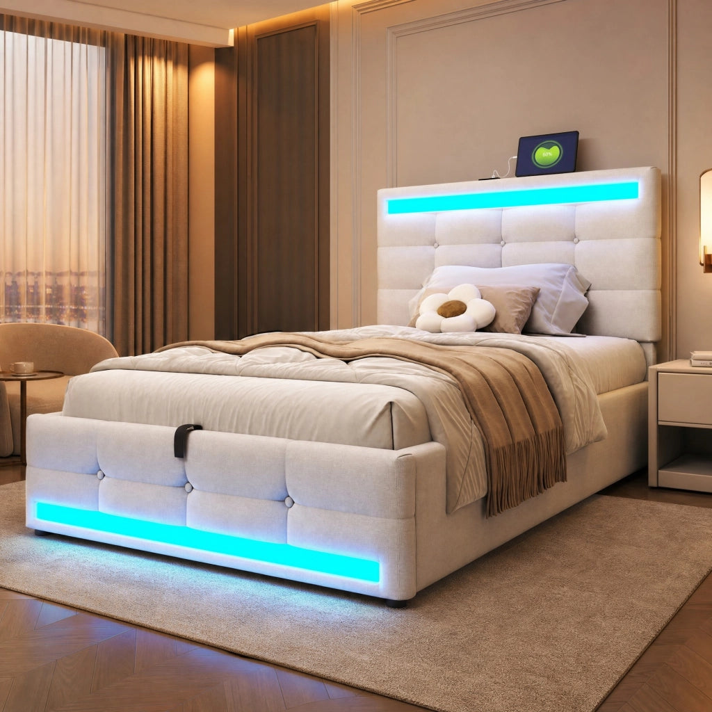 Letto imbottito 90x200 con LED RGB, 2 porte USB, testiera regolabile e struttura contenitore