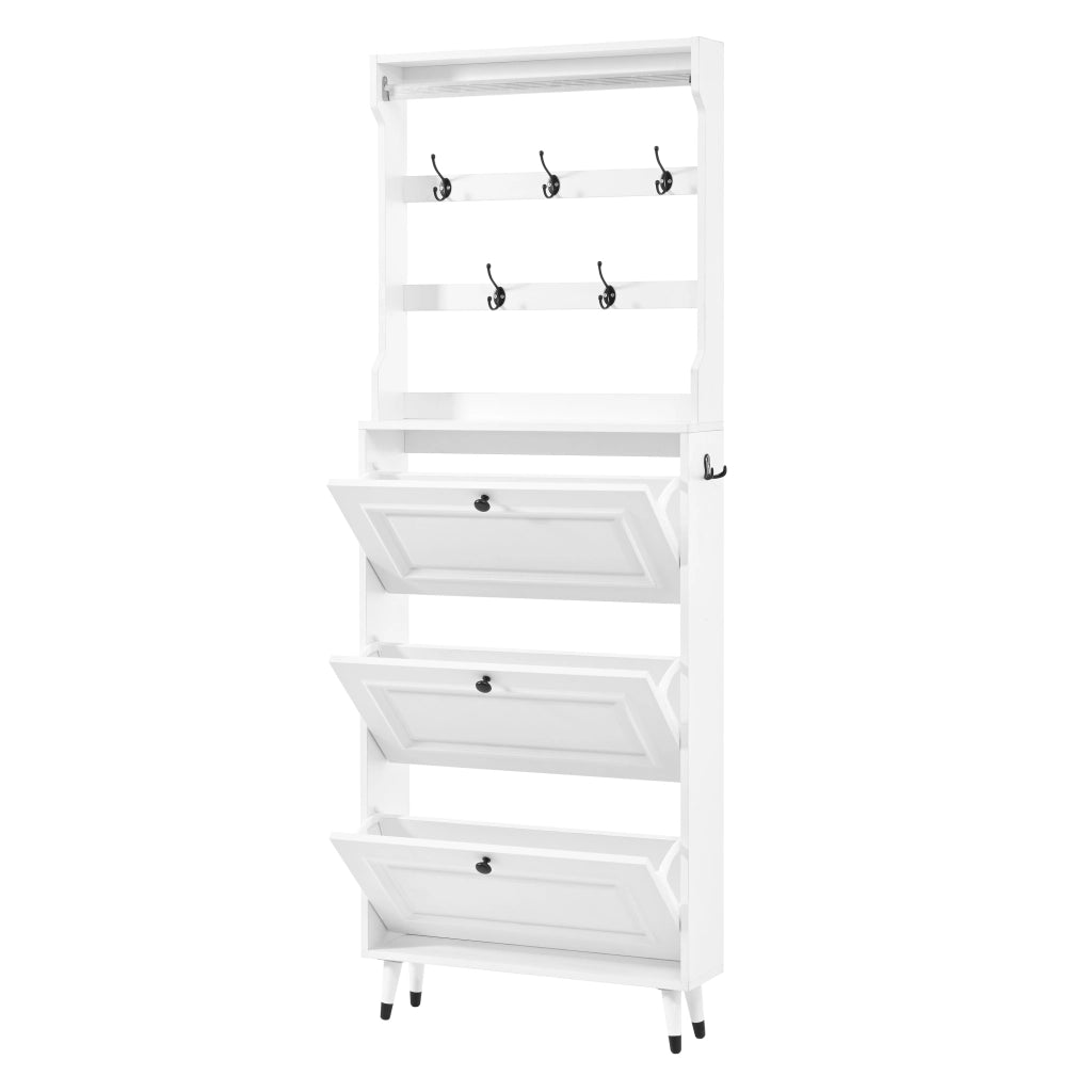 Mobile da ingresso con scarpiera a 3 ante ribaltabili, ganci e barra appendiabiti, per corridoio, bianco, 66 × 17 × 180 cm