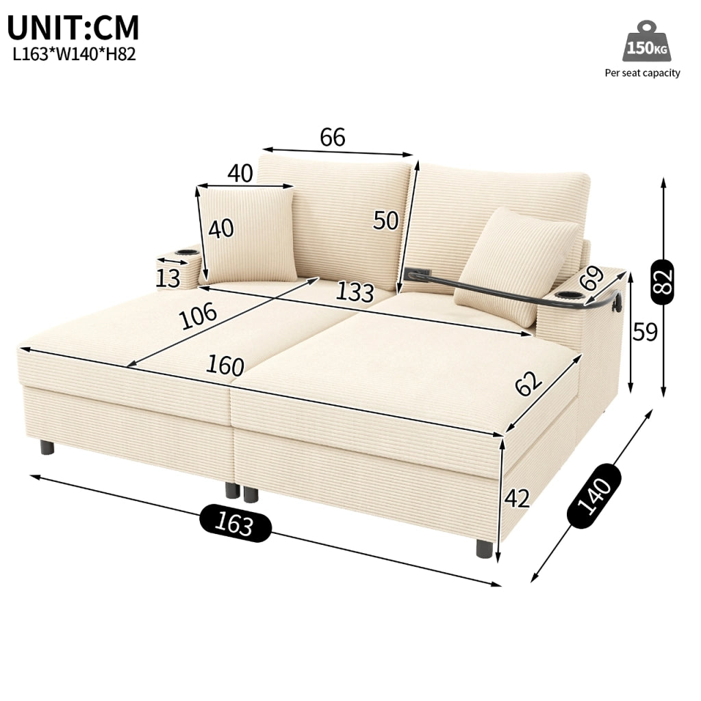 DIVANO Relax 163x140x82 cm in velluto a coste beige, 2 posti