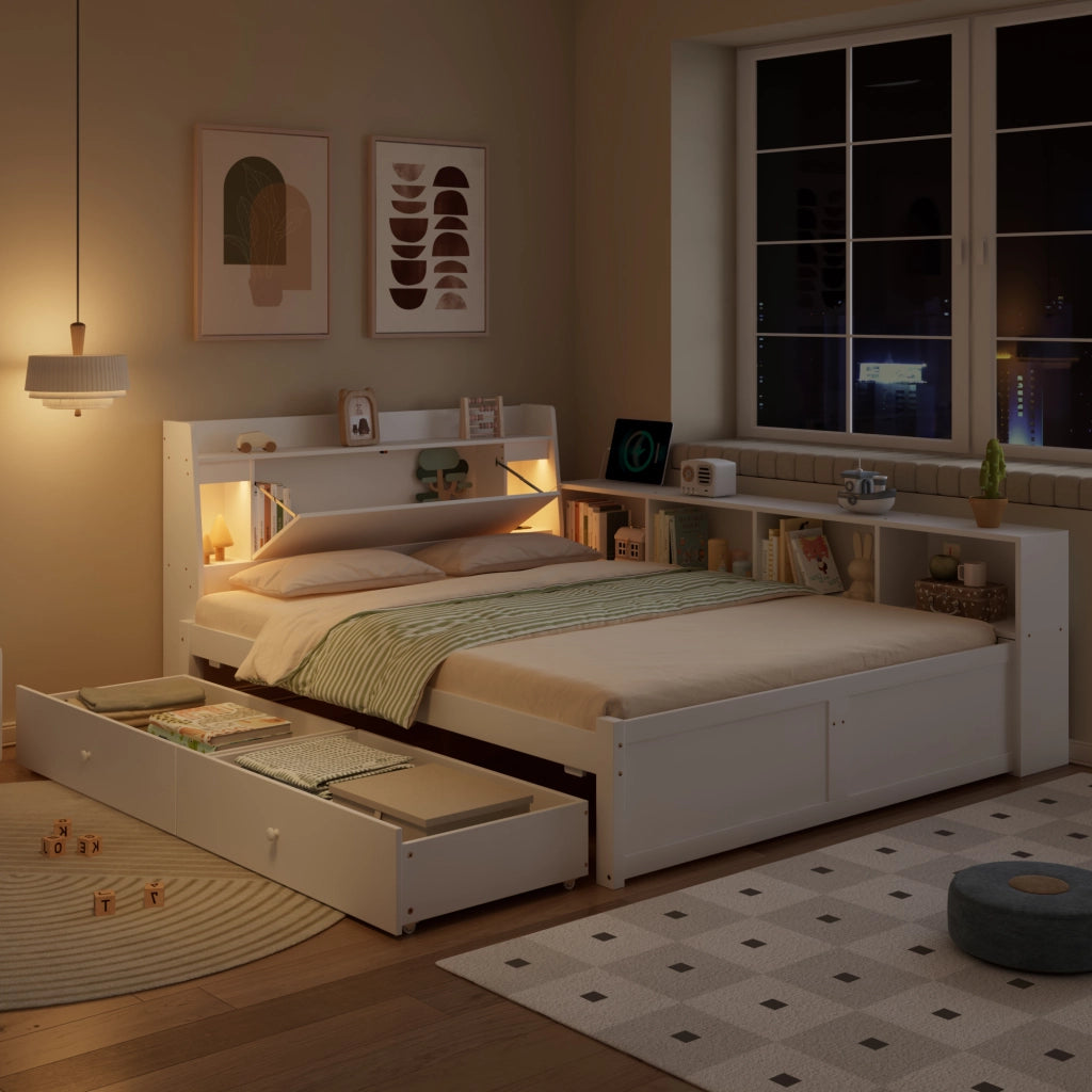 Letto Matrimoniale 140x200 cm con Testiera Contenitore; 2 Luci; Presa; Cassetti - Bianco
