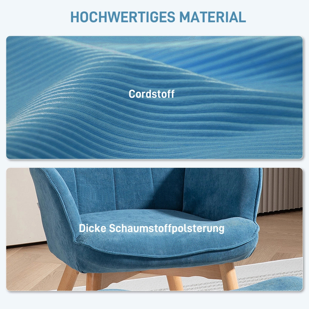 Poltrona Relax con Poggiapiedi in Cord ¨C Zephmum ¨C Blu, Gambe in Legno