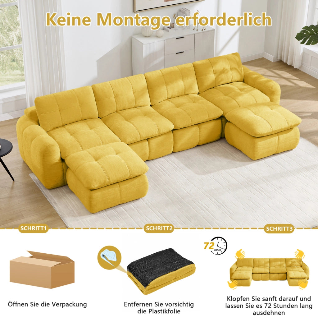 Divano modulare a U in chenille gialla 334x160x68 cm; design trapuntato e senza montaggio