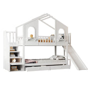 Letto a Castello 90x200 cm; Casa con Scivolo; Scala contenitore; Cassetti; Bianco