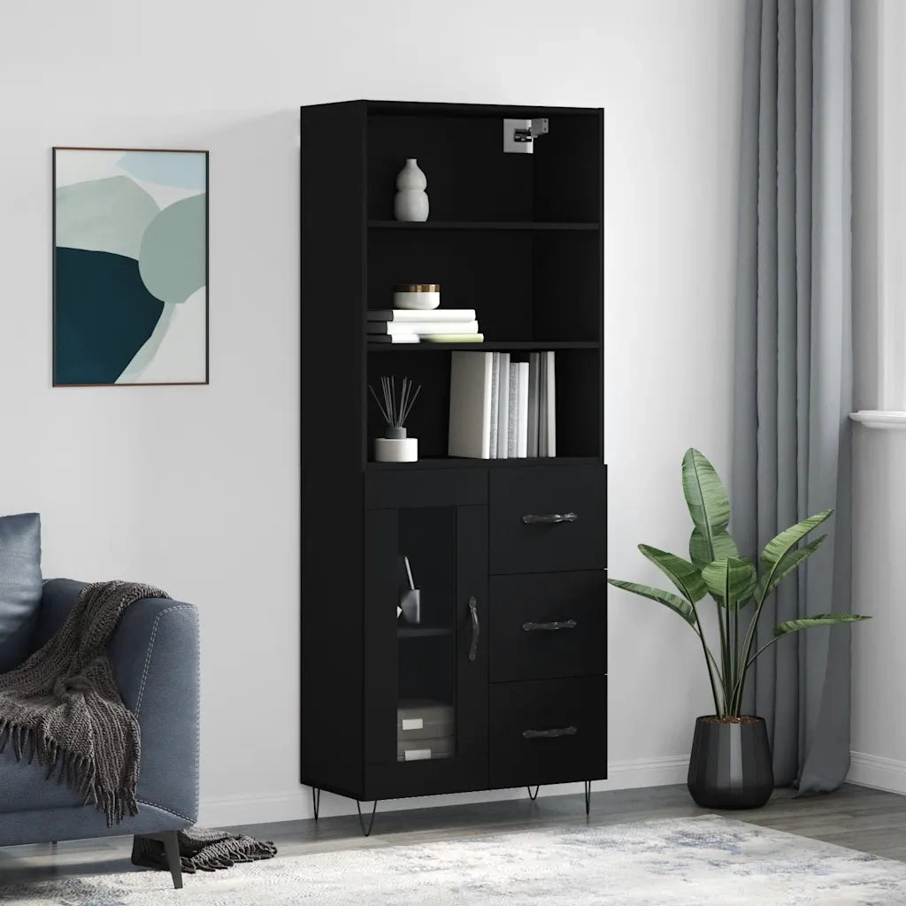 Credenza-Buffet-Armadio da cucina Nera 69,5x34x180 cm in Legno Multistrato 919299