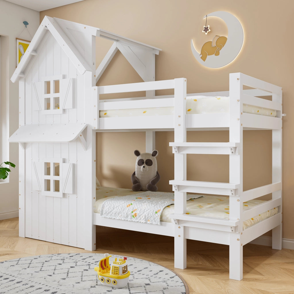 Letto a castello per bambini bianco con tetto 90x200 cm